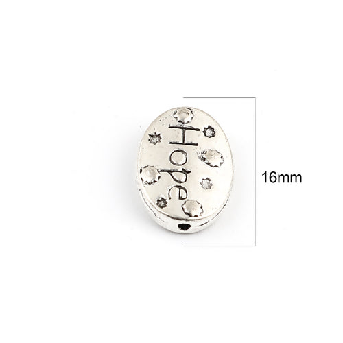 Metal Beads, Tibetan Style, Oval, Affirmation, With Word Hope, Antique Silver, Alloy, 16mm - BEADED CREATIONS