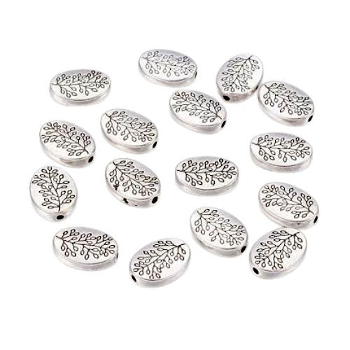 Metal Beads, Tibetan Style, Oval, Leaf Design, Antique Silver, Alloy, 10mm - BEADED CREATIONS