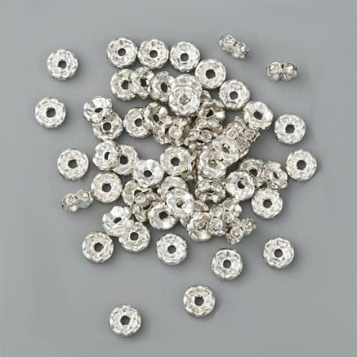 Metal Spacer Beads, Brass, Rhinestone Spacer Beads, Clear, Rondelle, Wavy Edge, Silver Plated, 7mm - BEADED CREATIONS