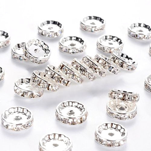 Metal Spacer Beads, Brass, Rhinestone Spacer Beads, Clear, Round, Silver Plated, 12mm - BEADED CREATIONS