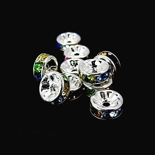 Metal Spacer Beads, Brass, Rhinestone Spacer Beads, Mixed Colors, Round, Straight Flange, Silver Plated, 8mm - BEADED CREATIONS