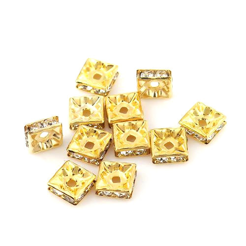 Metal Spacer Beads, Brass, Rhinestone Spacer Beads, Square, Gold Plated, 10mm - BEADED CREATIONS