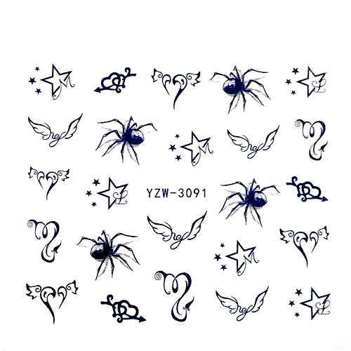 Nail Art, Sliders, Water Transfer, Decals, Spiders, Stars, Wings, Black, 3091 - BEADED CREATIONS