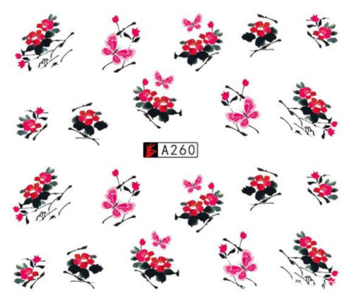Nail Art, Water Transfer, Decals, Butterflies, Flowers, Nail Art Sliders, Red, Pink. GN260 - BEADED CREATIONS
