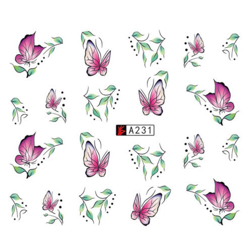 Nail Art, Water Transfer, Decals, Butterfly, Leaf, Nail Art Sliders, Green, Pink. GN231 - BEADED CREATIONS