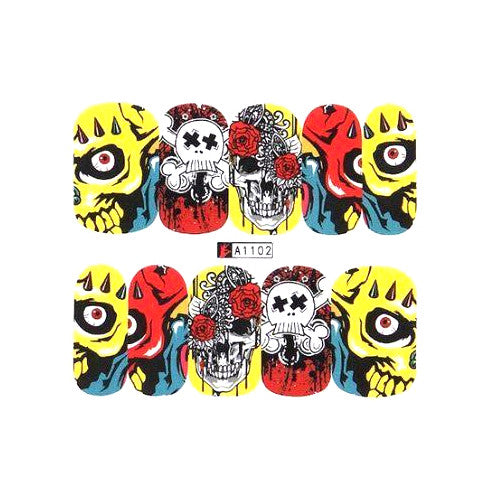 Nail Art, Water Transfer, Slider Decal, Red, Yellow, Skulls, A1102 - BEADED CREATIONS