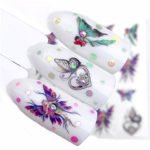 Nail Art, Water Transfers, Decals, Nail Art Sliders, Fairies, Butterflies, Multicolored, YZW-3093 - BEADED CREATIONS
