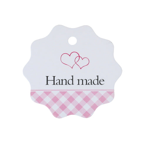 Paper Label Tags, Display Cards, Round, Pink, Plaid, Hand Made, 5.8cm - BEADED CREATIONS