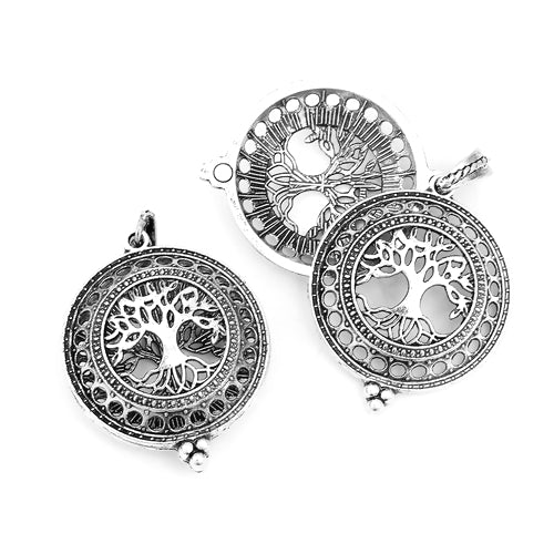 Pendant, Locket, Round, Tree Of Life, Aromatherapy Essential Oil Diffuser, Antique Silver, 5.3cm - BEADED CREATIONS