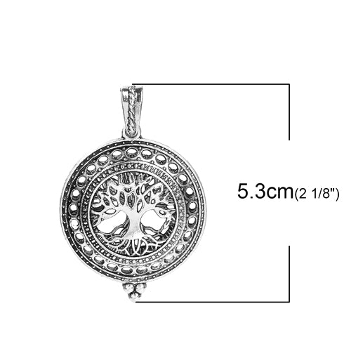 Pendant, Locket, Round, Tree Of Life, Aromatherapy Essential Oil Diffuser, Antique Silver, 5.3cm - BEADED CREATIONS