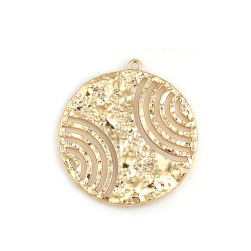 Pendant, Round, Cut-Out, Double-Sided, Hammered, Gold Plated, Alloy, Focal, 43mm - BEADED CREATIONS