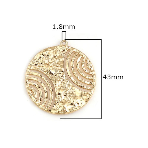 Pendant, Round, Cut-Out, Double-Sided, Hammered, Gold Plated, Alloy, Focal, 43mm - BEADED CREATIONS
