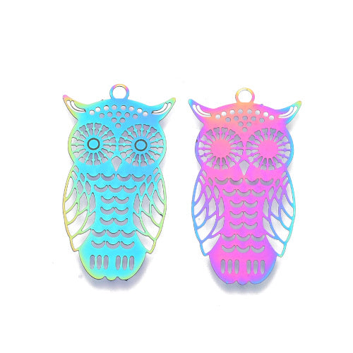 Pendants, 201 Stainless Steel, Electroplated, Owl, Filigree, Etched, Rainbow, 36mm - BEADED CREATIONS