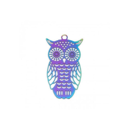 Pendants, 201 Stainless Steel, Electroplated, Owl, Filigree, Etched, Rainbow, 36mm - BEADED CREATIONS