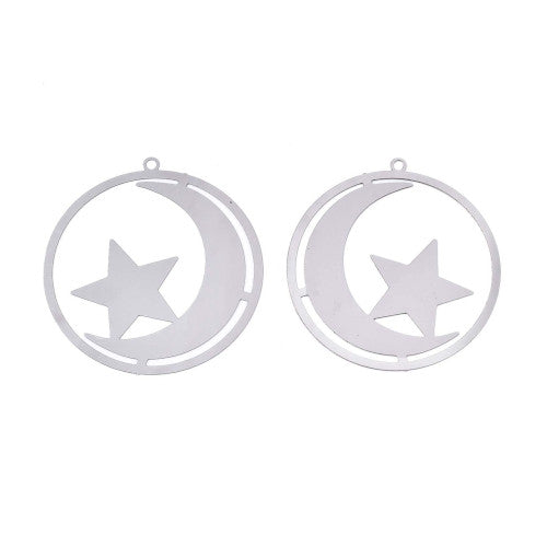 Pendants, 201 Stainless Steel, Etched, Round, Moon And Star, Silver Tone, Focal, 42.5mm - BEADED CREATIONS