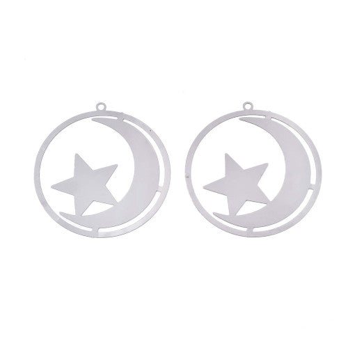 Pendants, 201 Stainless Steel, Etched, Round, Moon And Star, Silver Tone, Focal, 42.5mm - BEADED CREATIONS