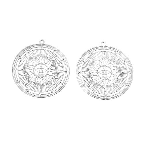 Pendants, 201 Stainless Steel, Etched, Round, Sun, Eye Of Providence, Silver Tone, Focal, 32.5mm - BEADED CREATIONS