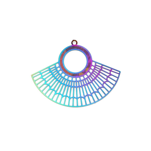 Pendants, 201 Stainless Steel, Fan, Etched, Filigree, Ion Plated, Electroplated, Rainbow, 31.5mm - BEADED CREATIONS