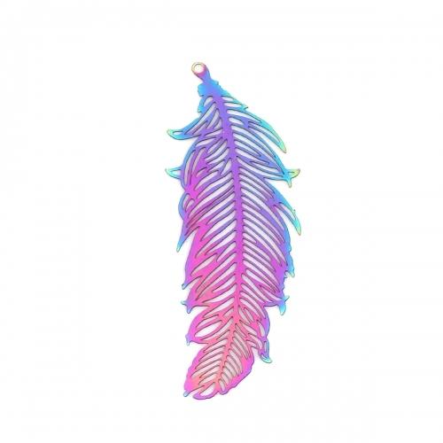 Pendants, 201 Stainless Steel, Feather, Electroplated, Etched, Rainbow, 47mm - BEADED CREATIONS