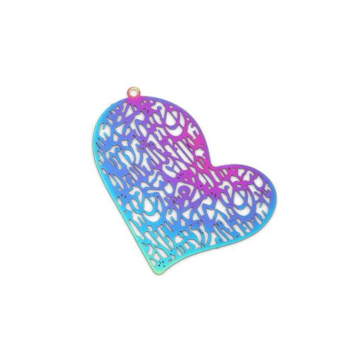 Pendants, 201 Stainless Steel, Heart, Electroplated, Etched, Rainbow, 40mm - BEADED CREATIONS