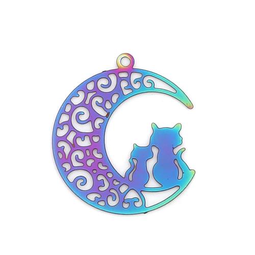Pendants, 201 Stainless Steel, Ion Plated, Etched, Crescent Moon With Couple Cat, Rainbow, 22mm - BEADED CREATIONS