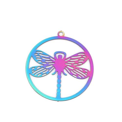 Pendants, 201 Stainless Steel, Round, Dragonfly, Electroplated, Etched, Rainbow, 27mm - BEADED CREATIONS