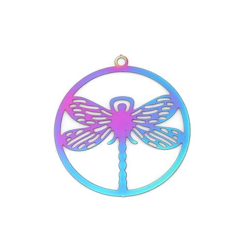 Pendants, 201 Stainless Steel, Round, Dragonfly, Electroplated, Etched, Rainbow, 27mm - BEADED CREATIONS