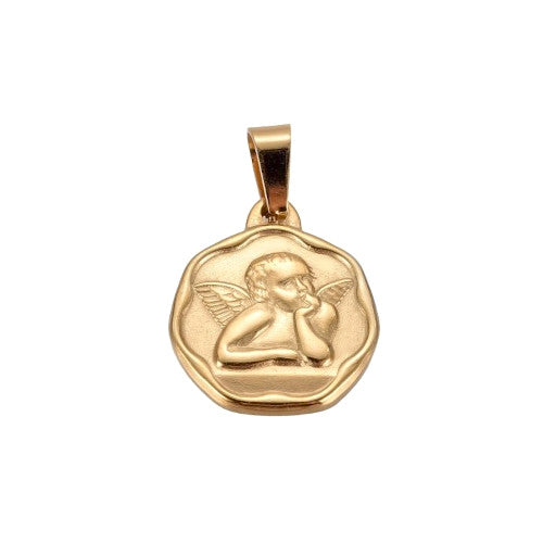 Pendants, 304 Stainless Steel, Single-Sided, Flat, Round, Raphael Angel, Gold Plated, 20.5mm - BEADED CREATIONS