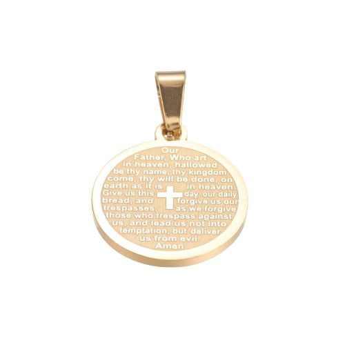 Pendants, 304 Stainless Steel, With Bail, Flat, Round, With Lord's Prayer & Cross, Words, Golden, 21mm - BEADED CREATIONS