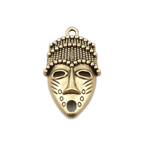 Pendants, African Mask, Single-Sided, Antique Gold Plated, Alloy, 33mm - BEADED CREATIONS