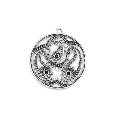 Pendants, Alloy, Round, Chaton, Single-Sided, Antique Silver, Paisley Design, Focal, 65mm - BEADED CREATIONS