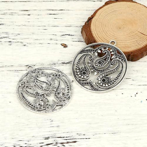 Pendants, Alloy, Round, Chaton, Single-Sided, Antique Silver, Paisley Design, Focal, 65mm - BEADED CREATIONS