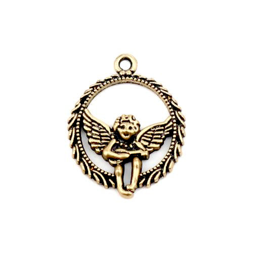 Pendants, Angel, Cherub, Round, Single-Sided, Antique Gold, Plated, Alloy, 25mm - BEADED CREATIONS