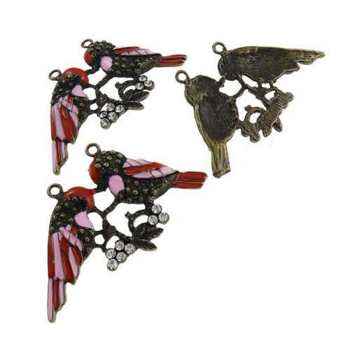 Pendants, Birds, Single-Sided, Red, Pink, Enameled, Clear, Rhinestones, Antique Bronze, Alloy, 67mm - BEADED CREATIONS