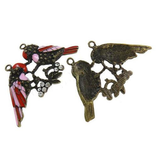 Pendants, Birds, Single-Sided, Red, Pink, Enameled, Clear, Rhinestones, Antique Bronze, Alloy, 67mm - BEADED CREATIONS