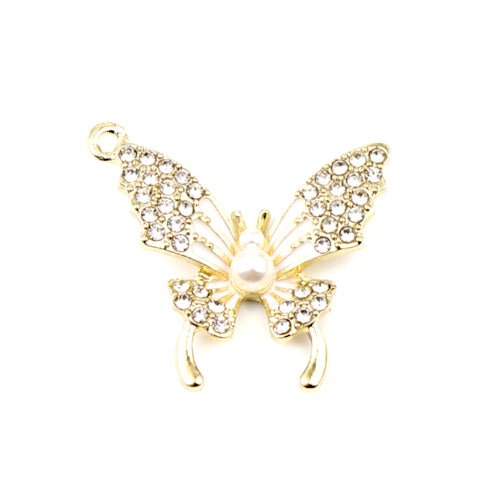 Pendants, Butterfly, Single-Sided, White, Enameled, Micro Pavé, Imitation Pearl, Gold Plated, 24mm - BEADED CREATIONS