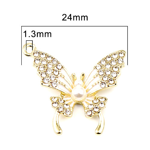 Pendants, Butterfly, Single-Sided, White, Enameled, Micro Pavé, Imitation Pearl, Gold Plated, 24mm - BEADED CREATIONS
