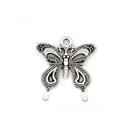 Pendants, Butterfly, Textured, Single-Sided, Antique Silver, Alloy, 28mm - BEADED CREATIONS