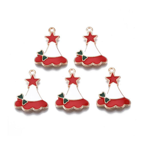 Pendants, Christmas Hat, Single-Sided, White, Red, Green, Enameled, Light Gold Plated, Alloy, 26.5mm - BEADED CREATIONS