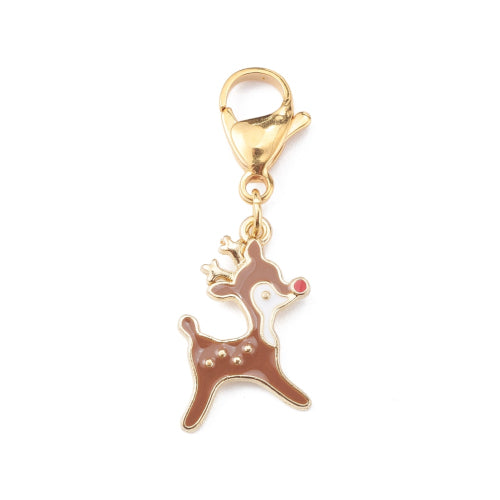 Pendants, Christmas Reindeer, With 304 Stainless Steel Lobster Clasp, Gold Plated, Single-Sided, Brown, White, Enamel, 25mm - BEADED CREATIONS