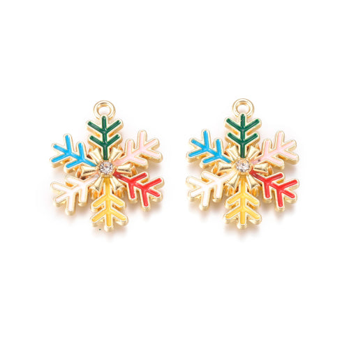 Pendants, Christmas Snowflake, Single-Sided, Crystal Rhinestones, Gold Plated, Multicolored, Enamel, 23.5mm - BEADED CREATIONS