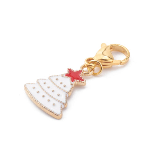 Pendants, Christmas Tree with Star And 304 Stainless Steel Lobster Clasp, Gold Plated, Single-Sided, Red, White, Enamel, 39mm - BEADED CREATIONS