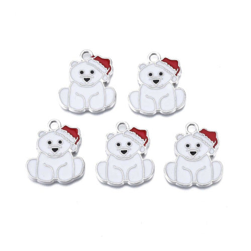 Pendants, Christmas, Bear, Single-Sided, White, Red, Enameled, Silver Plated, Alloy, 24.5mm - BEADED CREATIONS