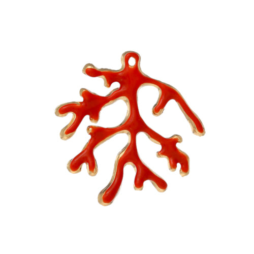 Pendants, Coral, Single-Sided, Red, Enameled, Gold Plated, Focal, Alloy, 37mm - BEADED CREATIONS