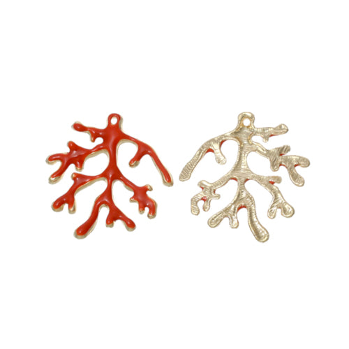 Pendants, Coral, Single-Sided, Red, Enameled, Gold Plated, Focal, Alloy, 37mm - BEADED CREATIONS