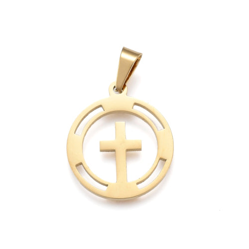 Pendants, Cross, 304 Stainless Steel, Laser-Cut, Round, With Bail, Gold Plated, 18mm - BEADED CREATIONS