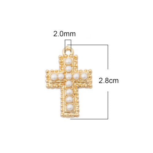 Pendants, Cross, Single-Sided, White, Imitation Pearl, Gold Plated, Alloy, 28mm - BEADED CREATIONS