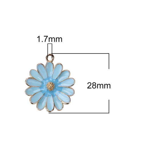 Pendants, Daisy, Flower, Single-Sided, Blue, Enameled, Gold Plated, Alloy, 28mm - BEADED CREATIONS