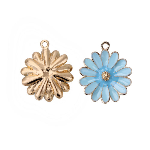 Pendants, Daisy, Flower, Single-Sided, Blue, Enameled, Gold Plated, Alloy, 28mm - BEADED CREATIONS