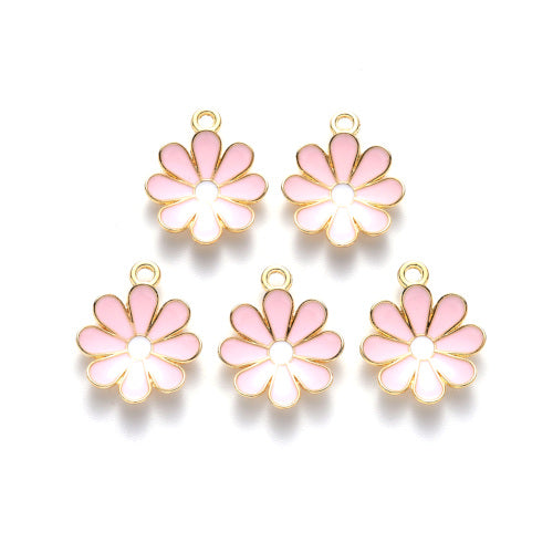 Pendants, Daisy, Flower, Single-Sided, Pink, Enameled, Light Gold Plated, Alloy, 19mm - BEADED CREATIONS